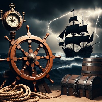 Pirate Ship with Compass and Wheel