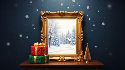 Gold Framed Snowy Winter Cabin Painting