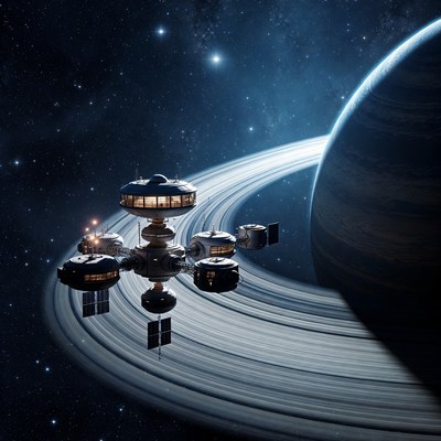 Space station orbiting Saturn
