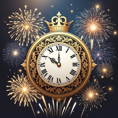 Golden Clock with Fireworks and Crown