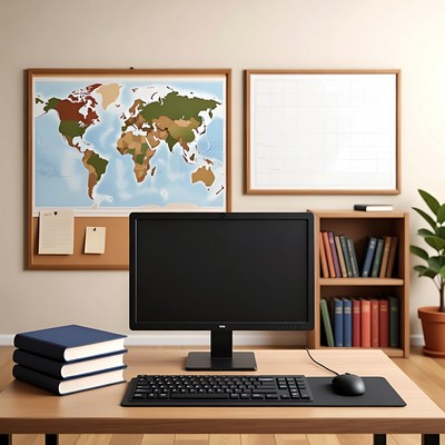 Office desk with world map and computer