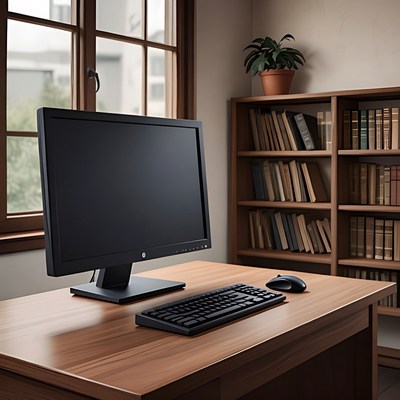 Computer desk in cozy library room
