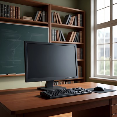 Library Desk with Computer and Bookshelf