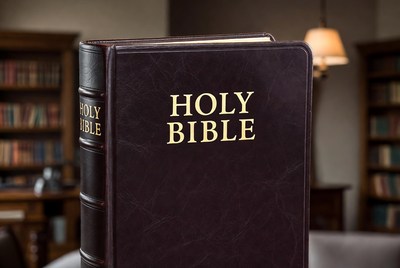 Open Holy Bible on table