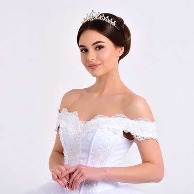 Bride with tiara in white lace gown