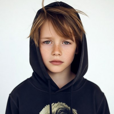 Boy in black hoodie with dog print