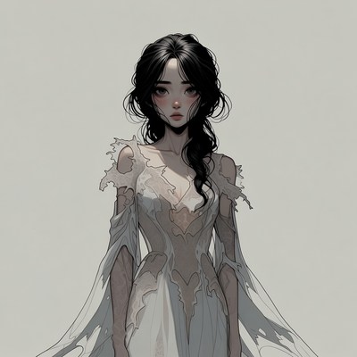 Asian woman in ethereal torn gown