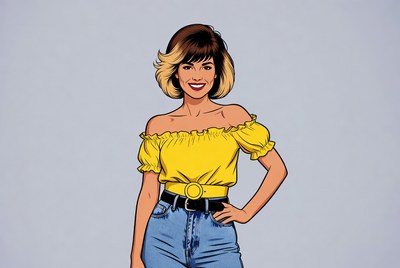 Cartoon woman in yellow off-shoulder top