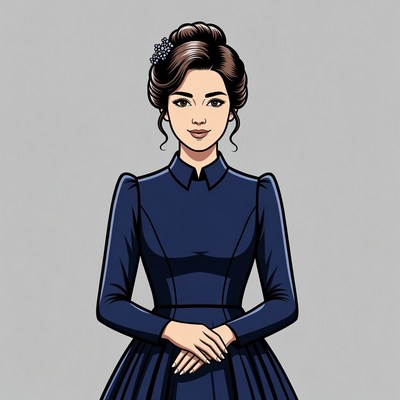 Woman in navy blue Victorian dress