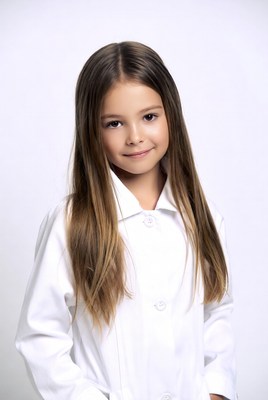Smiling girl in white lab coat