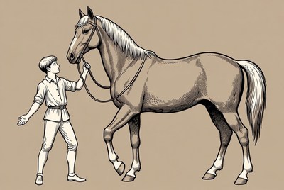 Boy leading horse illustration
