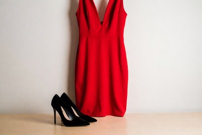 Red dress with black high heels