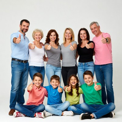 Multi-generational family giving thumbs up