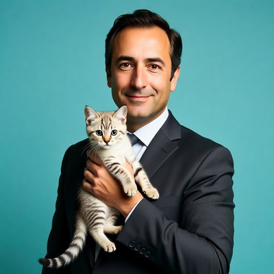 Man holding kitten in suit