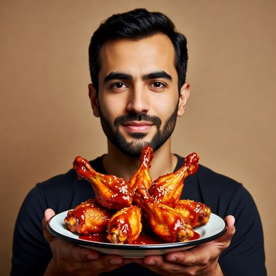 Man holding plate of chicken wings