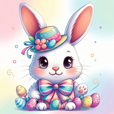 Cute Easter Bunny with Eggs and Hat