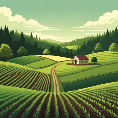 Green Rolling Hills Farm Landscape