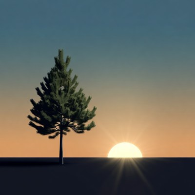 Pine tree silhouetted against sunset