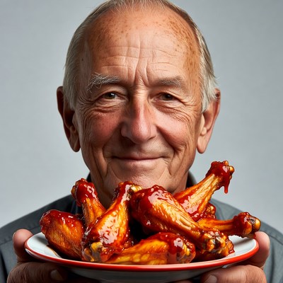 Elderly man holding chicken wings