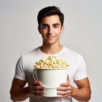 Young man holding popcorn bucket