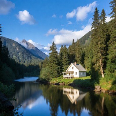 White Cabin by Mountain Lake