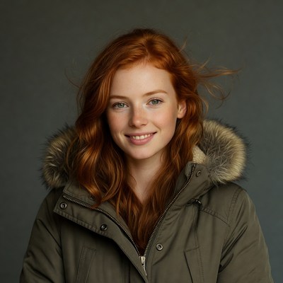 Redhead woman smiling in fur hood jacket