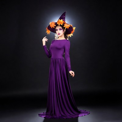Woman in orange witch hat gown