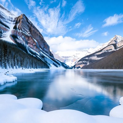 Frozen Lake Moraine Snowy Mountains