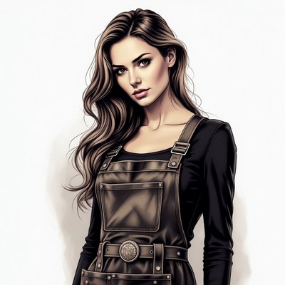 Woman in black leather overalls