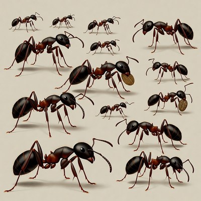Multiple ants on white background