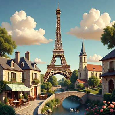 Eiffel Tower with French Village and Bridge