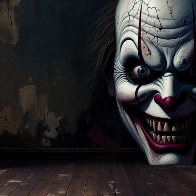 Creepy clown grinning on dark stage