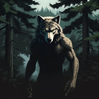 Werewolf standing in foggy forest