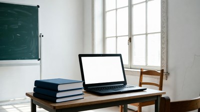 Laptop and Books on Classroom Desk