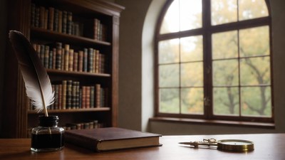 Quill pen inkwell book compass desk