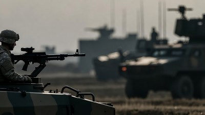 Soldier aiming rifle near military vehicles