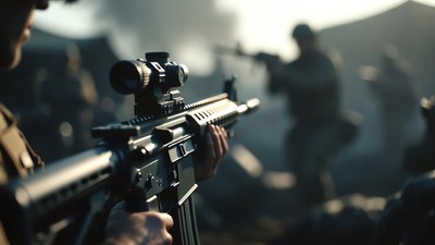 Soldier aiming assault rifle in combat