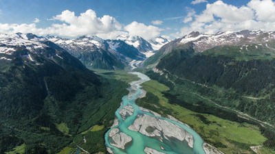 Aerial view of turquoise river valley