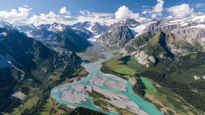 Aerial view turquoise river mountains