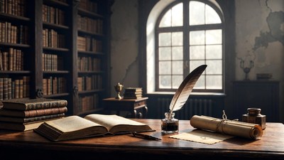 Vintage Quill Pen on Wooden Desk