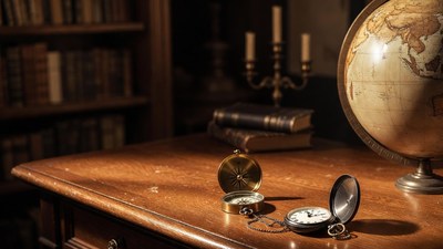 Vintage Compass and Pocket Watch on Desk