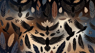 Flying Ravens and Feathers Illustration