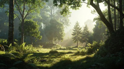 Sunlit Forest Clearing with Ferns