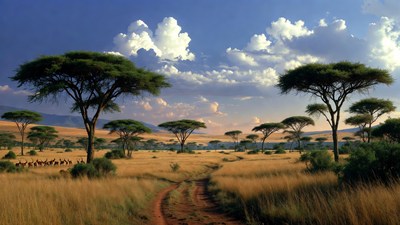 Savanna with Acacia Trees and Giraffes