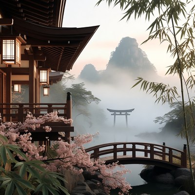 Japanese Temple with Torii Gate and Cherry Blossoms