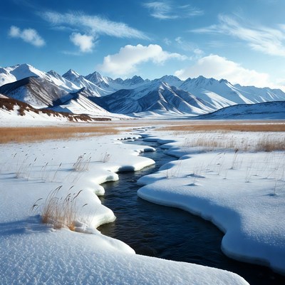 Snowy Mountain Landscape with Winding Stream