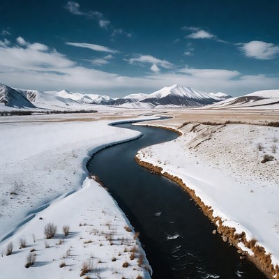 Snowy River Winding Through Mountains