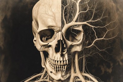 Human skull with tree roots