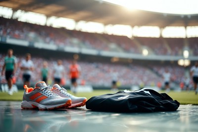 Running Shoes and Black Shirt on Stadium Track