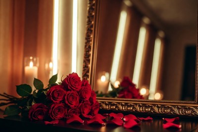 Red Roses by Ornate Mirror
